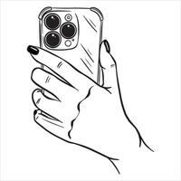 Female hand holding a phone. Taking a photo or looking at the screen. Illustration on a white background in line style. vector