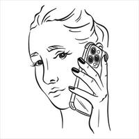 Girl talking on the phone. Portrait. illustration on a white background in line style. vector