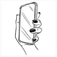 Female hand holding a phone with the screen forward. Illustration on a white background in line style. vector
