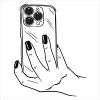 Female hand holding a phone. Taking a photo or looking at the screen. Illustration on a white background in line style. vector