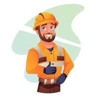 Man with smile on face with thumb up gesture. In builder or worker uniform in helmet. character in cartoon style. vector