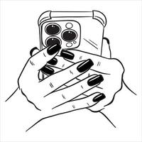 Female hands hold the phone to comfortably look at the screen. Illustration on a white background in line style. vector