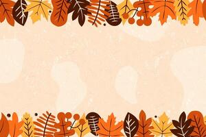 Textured Cream Background Template with a canopy of orange and red leaves as borders. Grunge Autumn Backdrop layout, pile of leaves on top and bottom. Fall or nature design wallpaper. vector