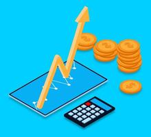 Financial growth, income and stock market concept with digital tablet, calculator, stack of coins and up arrow vector