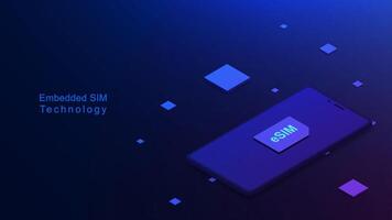 eSIM or Embedded SIM card with smartphone isometric on dark blue background. Mobile device with a chip eSIM for new mobile communication technology vector