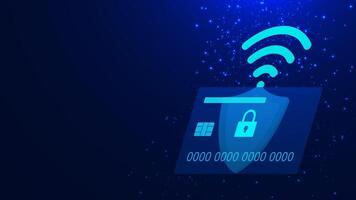 Futuristic credit or debit card with shield and padlock isometric on dark blue background. Online payment, security and protection vector