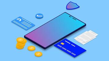 Mobile banking, digital internet bank and online financial service with smartphone, credit or debit card, shield and stack of coins isometric on light blue vector