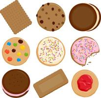 Chocolate sugar sprinkles cookie and brownie cakes. Bakery glazed biscuits for breakfast snack and tea. Sweet cookies and biscuits set on white background. vector