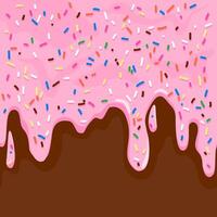 Donut glaze pastry background with pink cream frosting with colorful sprinkles melting on milk chocolate. Sweet bakery strawberry syrup melt on milk chocolate background. vector