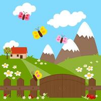 Landscape with a country house in a green meadow with flowers, a wooden fence with a gate, mountains and butterflies. Beautiful springtime landscape in the country farm. vector