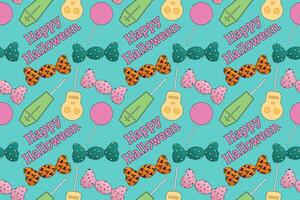 Playful Halloween candy and lollipop pattern with Happy Halloween text. Great for festive design and spooky celebrations. vector