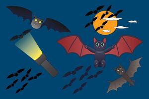 A playful and spooky set of Halloween bats flying at night with the moon and flashlight. Perfect for Halloween decorations and designs. vector