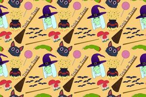 Seamless Halloween pattern featuring witches, cats, brooms, bats, and spooky elements. Perfect for festive backgrounds and themed designs. vector