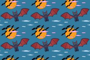 Seamless pattern featuring adorable bats flying under the moon, perfect for Halloween-themed backgrounds, decorations, and designs. vector