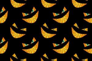 Seamless pattern of creepy, glowing grinning faces on a dark background, perfect for Halloween designs, decorations, and backgrounds. vector