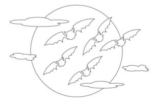 Simple Halloween-themed coloring page featuring bats flying in front of the moon. Perfect for kids activities and holiday fun. vector