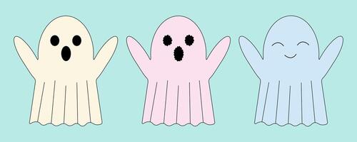 Adorable illustration of three cute ghosts with different expressions. Perfect for Halloween decorations and festive designs. vector