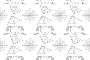 Fun and spooky Halloween coloring page with spider webs and cute faces, perfect for kids and holiday-themed art projects. vector
