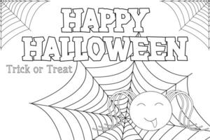 Fun Halloween coloring page featuring a smiling spider in a web. Perfect activity for kids to enjoy during the spooky season. vector