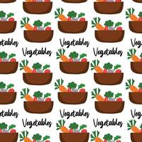 Seamless doodle pattern with colorful vegetables in bowl. vector