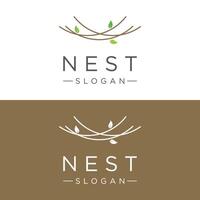 Simple bird's nest logo template design with twigs and leaves. vector