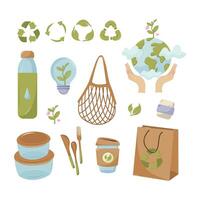 Zero waste concept illustration with different elements. Save the earth, zero waste, no plastic, go green, alternative energy, eco concept. Isolated illustration for card, postcard, cover. EPS 10 vector