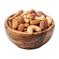 A wooden bowl filled with mixed nuts png