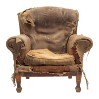 A chair with a torn up seat and a broken back png