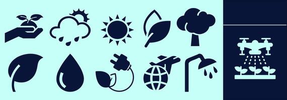 Environmental solid icon set for presentation or marketing. Building silhouettes of recycle symbols, environment, waste, green energy and others. Editable outline, size and color. vector