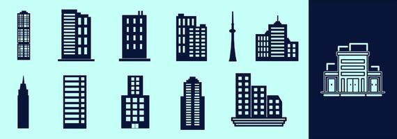 Buildings SOLID icon set for presentations or infographics. Building silhouettes of flats, offices, commercials and many more. Change to any size and any colour. Editable outline. vector