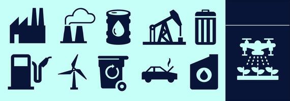 Environmental solid icon set for presentation, explanation, marketing. Building silhouettes of recycle symbols, environment, waste, green energy and many more. Editable outline, size and color. vector