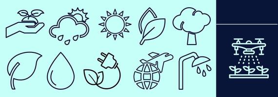 Environmental line icon set for presentation, explanation, marketing. Building silhouettes of recycle symbols, environment, waste, green energy and many more. Editable outline, size and color. vector