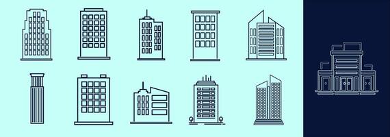 Buildings LINE icon set for presentatios. Silhouettes of flats, offices, commercial, residential and many more. Editable outline, size and color. vector
