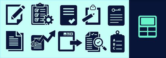 Documents icon set for presentations or infographics. Documents silhouettes of files, office paperwork, file management, checklist and many more. Editable outline, size and color. vector