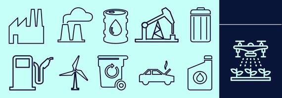 Environmental line icon set for presentation or marketing. Building silhouettes of recycle symbols, environment, waste, green energy and others. Editable outline, size and color. vector