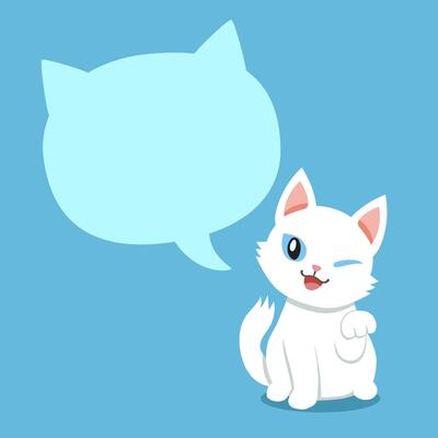 Cartoon character happy white cat with speech bubble