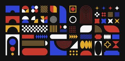 Abstract retro shapes, basic brutal forms and figures in Y2K aesthetics, colorful vintage stickers, logos, labels. Decorative design elements, illustration. vector