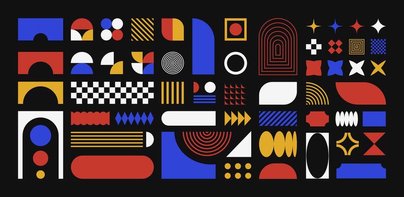 Abstract retro shapes, basic brutal forms and figures in Y2K aesthetics, colorful vintage stickers, logos, labels. Decorative design elements, illustration.