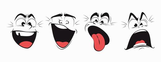 Set of retro faces showing different emotions. Vintage drawings, old style, groovy eyes and mouth, laughing, screaming and raging. illustration. vector