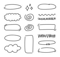 Set of black hand drawn frames and doodles, speech bubbles, spirals and blinks. illustration, design element group. vector