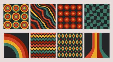 Groovy backgrounds, retro 1970s cards with patterns, meshes, geometric forms and distorted lines. decorative illustrations, abstract art. vector