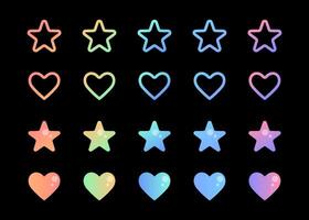 Gradient soft hearts and stars in bold and line variants, buttons, shapes, glossy signs and symbols. design elements. vector