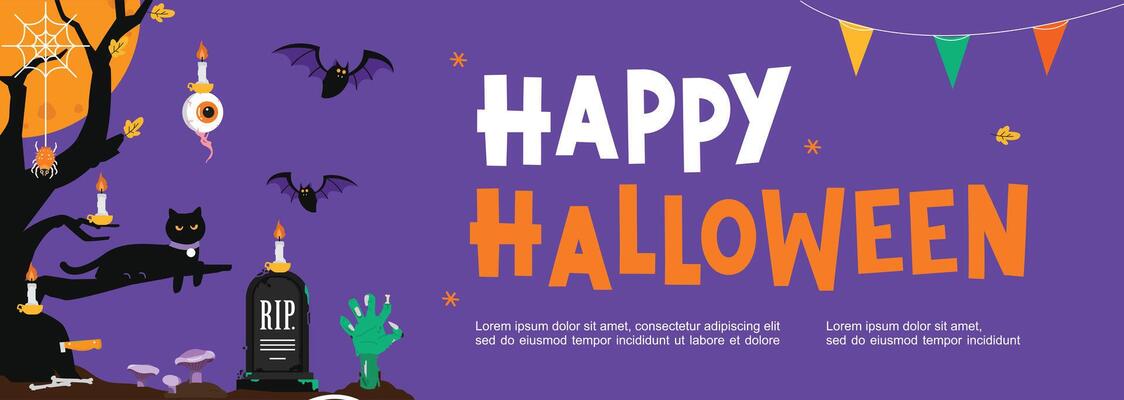 Halloween illustration at night with tree decorations, tombstones, cat and spooky decorations on purple background