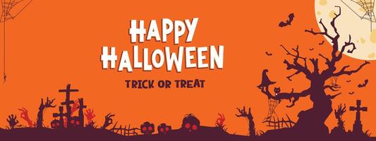 Halloween illustration with spooky sky. There are zombies, trees and undead gravestones that rise because of the full moon. vector