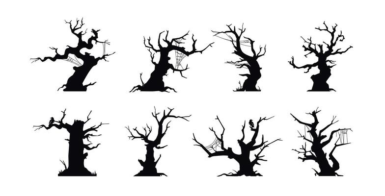 collection of landscape icons of various trees and spooky branches for halloween, nature illustration