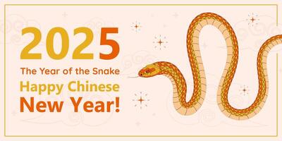 2025 Chinese New Year banner with the snake and text greeting on the clouds and fireworks background, oriental New Year holiday wallpaper. vector
