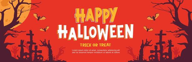 Illustration of a bright red Halloween atmosphere in a cemetery with zombies trying to rise from under the gravestones. vector