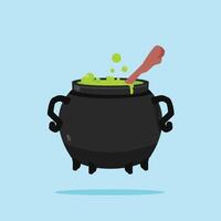 Witch Poison Cauldron with Stirrer and Handle. Devil Cauldron Halloween Decoration vector