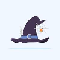 illustration of Halloween witch hat with spider web and cartoon feathers. element for Halloween vector