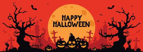 Halloween illustration at night in the middle of a cemetery with broken trees and creepy pumpkins. vector